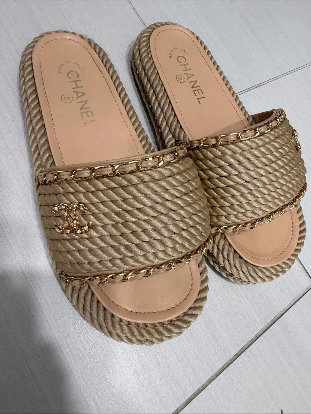 Chanel Beige Braided Espadrille Slide Sandals with Gold Chain